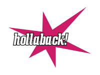 logo that reads hollaback! in front of a jagged pink star icon on a white background