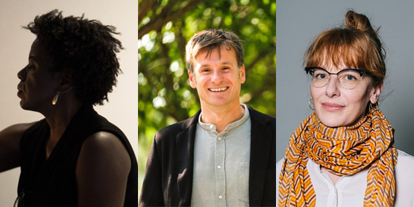3 headshots side by side of the Principal Investigators of the 2021-22 Public Humanities Hub Research Clusters: Denise Ferreira da Silva, Julen Etxabe, Althea Thauberger,