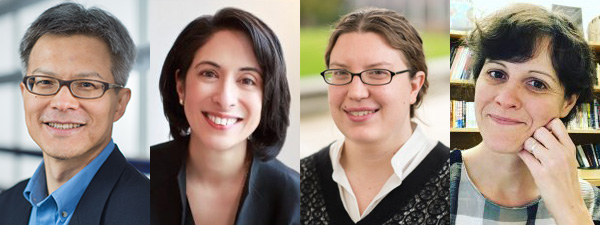 4 headshots side by side of the 2021-22 Public Humanities Hub Faculty Fellows: Leo Shin, Minelle Mahtani, Katherine Bowers, Colleen Laird