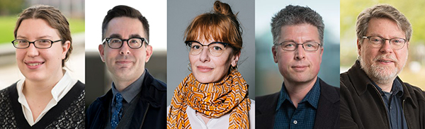 5 headshots side by side of the Principal Investigators of the 2020 Public Humanities Hub Research Clusters: Katherine Bowers, Gregory Mackie, Althea Thauberger, Erik Kwakkel, and Alan Richardson