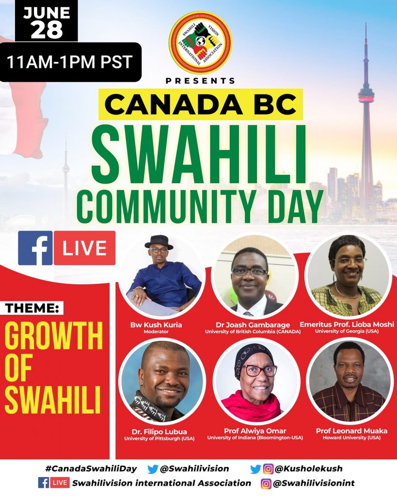 Poster for Canada BC Swahili Community Day on June 28, 2020, with photos of 6 speakers, and the CN Tower in Toronto in the background. Theme: Growth of Swahili.