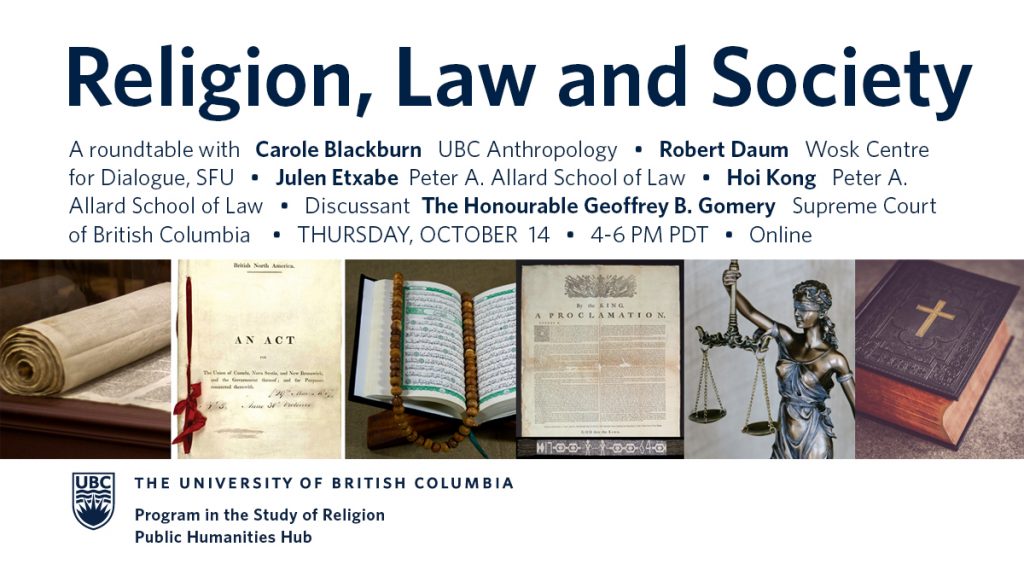 Collaged photos of the Torah, British North America Act from Parliament of Canada, Qur'an, Royal Proclamation 1763 from Library and Archives Canada, 1764 Covenant Chain Wampum Belt from the Canadian Museum of History, Lady Justice statuette, and the Bible