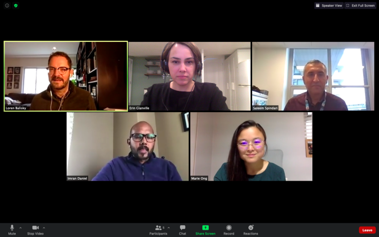 A screenshot of a Zoom call with five different people.