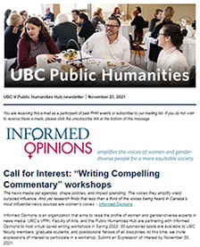 Screencap of e-newsletter with header of people sitting around dining tables, laughing and talking, above the headline for a newsletter item: "Call for Interest: Writing Compelling Commentary" workshops