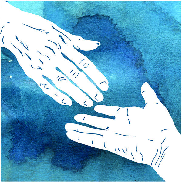 Illustration of the hands of two people outstretched reaching toward one another against watercolour background with blue hues. Logo by Miriam Libicki for SSHRC PDG, “Narrative Art and Visual Storytelling in Holocaust and Human Rights Education” at the University of Victoria