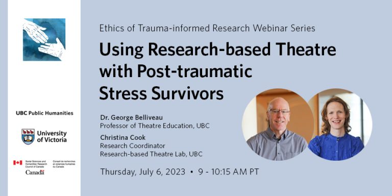 George Belliveau wearing a checked blue-grey button-down shirt, and Christina Cook wearing a cobalt blue blouse with puffed sleeves, smiling, in a sunlit room with turned wood furniture and column base, with details of their webinar "Using Research-based Theatre with Post-traumatic Stress Survivors" taking place July 6, 2023.