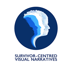 Illustrated profiles of human faces in a gradient of blue hues enclosed in a circle, representing the University of Victoria's Survivor-Centred Visual Narratives project