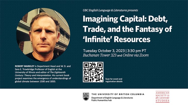 Photo of Robert Markley beside text advertising his talk, "Imagining Capital: Debt, Trade, and the Fantasy of 'Infinite' Resources" hosted by UBC English Language & Literatures