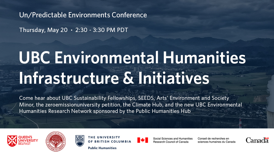 Event details against a photo of many buildings in a valley with mountains in the background, and a river and roads across the landscape. Text: “Un/Predictable Environments Conference. Thursday, May 20, 2:30-3:30PM PDT.” With the names of the presenting units identified in the tweet. Sponsor logos are at the bottom: Queen’s University Belfast, University of Allahabad, the University of British Columbia Public Humanities, Social Sciences and Humanities Research Council of Canada.