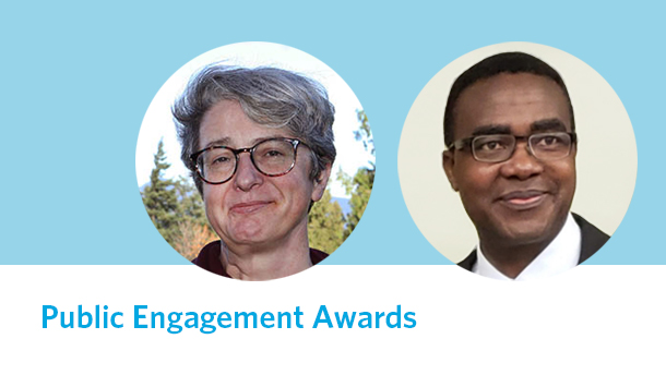 Photos of Michelle Stack and Joash Gambarage on light blue background with title "Public Engagement Awards"