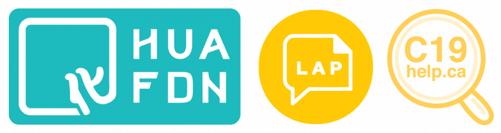 Left: the logos of the hua foundation appears in teal. Centre: the logo for the Language Access Project appears in yellow. And Right: the language for the Covid 19 Response Coalition appears in yellow.