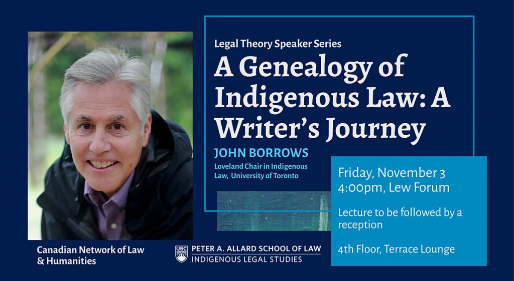 Professor John Borrows wearing a light purple collared shirt and black coat, smiling, in front of greenery, beside details of his talk "A Genealogy of Indigenous Law: A Writer's Journey" on November 3, 2023 hosted by the Canadian Network of Law & Humanities and Indigenous Legal Studies at Allard Law.