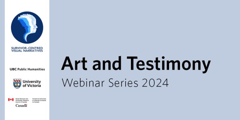 Illustrated profiles of human faces in a gradient of blue hues enclosed in a circle, representing the University of Victoria's Survivor-Centred Visual Narratives project, beside bold text of the 2024 webinar mini-series title, "Art and Testimony"